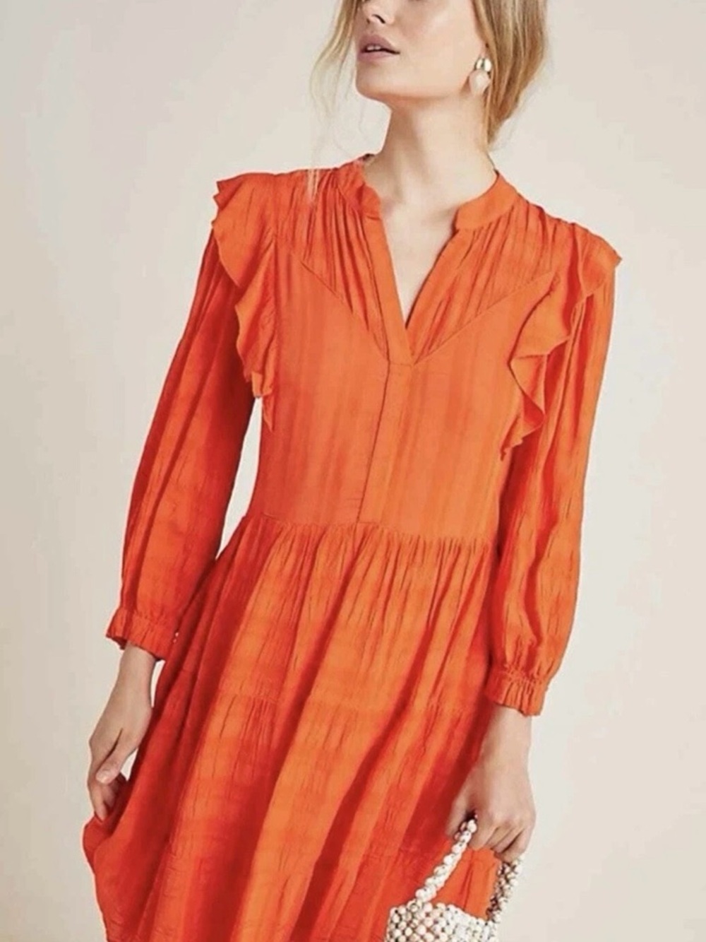 Anthropologie Orange Ruffle-Shoulder Mini Dress